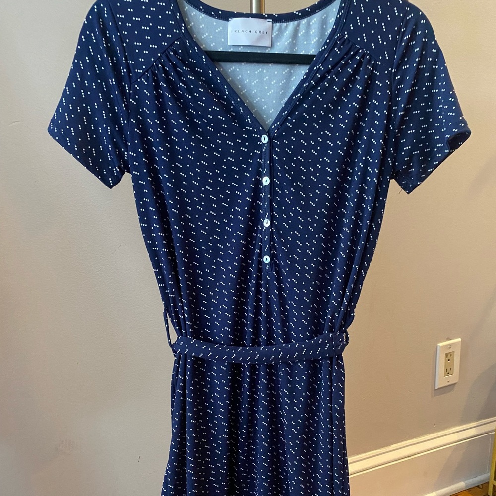 French Grey Navy Blue Dress with Tie Waist